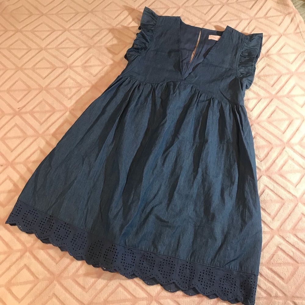 Pink Lily Blue Eyelet Romper Shirt Dress Ruffle Sleeves Womens Small VTG P1186